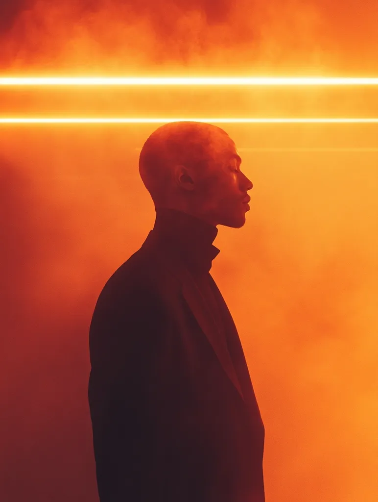 A bald man in a dark suit stands in profile against a vibrant orange backdrop.  Two parallel neon lights illuminate him from behind, creating a hazy, atmospheric effect. His expression is serene, his eyes closed.  The image is stylized and dramatic, evoking a sense of mystery and contemplation.