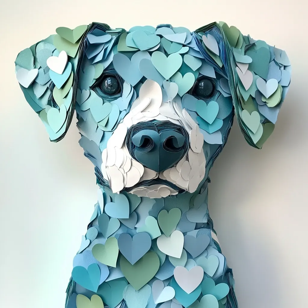 A meticulously crafted paper sculpture of a dog is depicted. The artwork is composed of numerous small, intricately folded paper hearts in varying shades of blue and white.  These hearts collectively form the dog's body, head, and ears, creating a textured and visually captivating effect. The dog's expression is serene and captivating.