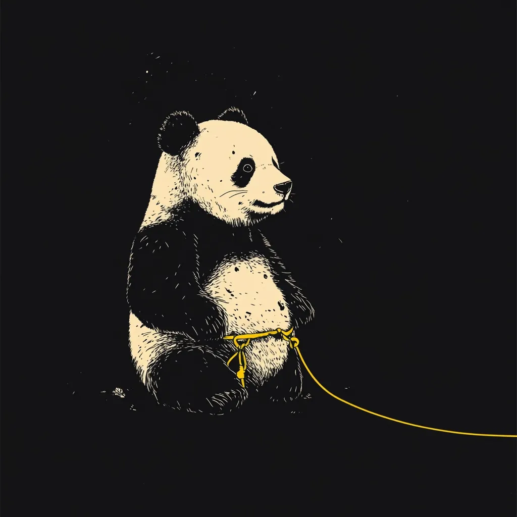 A minimalist illustration depicts a panda bear sitting against a stark black background.  The panda is rendered in shades of cream and black, its features finely detailed.  A thin, yellow cord is tied around its midsection, extending off to the right, suggesting a subtle sense of confinement or constraint. The overall style is graphic and slightly melancholic.