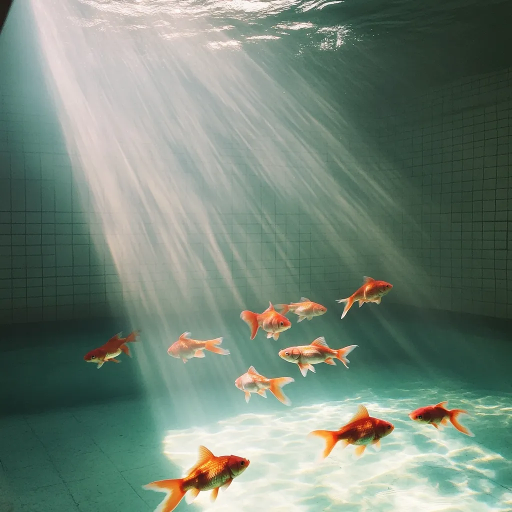 Sunbeams stream through the water illuminating a school of orange goldfish in a tiled pool.  The fish swim gracefully, their scales catching the light. The serene underwater scene creates a peaceful and ethereal atmosphere. The clear, turquoise water enhances the vibrant colors of the fish and the sun's rays.