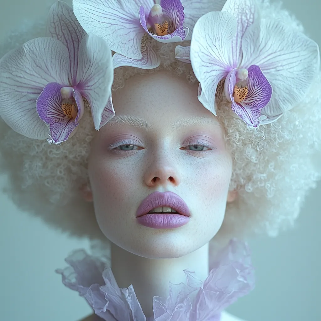A pale-skinned woman with a voluminous white afro is adorned with a crown of delicate purple orchids. Her makeup is soft and ethereal, complementing the floral headpiece.  She gazes directly at the viewer with a serene expression.  The overall aesthetic is one of delicate beauty and understated elegance.  A lavender fabric collar frames her neck.