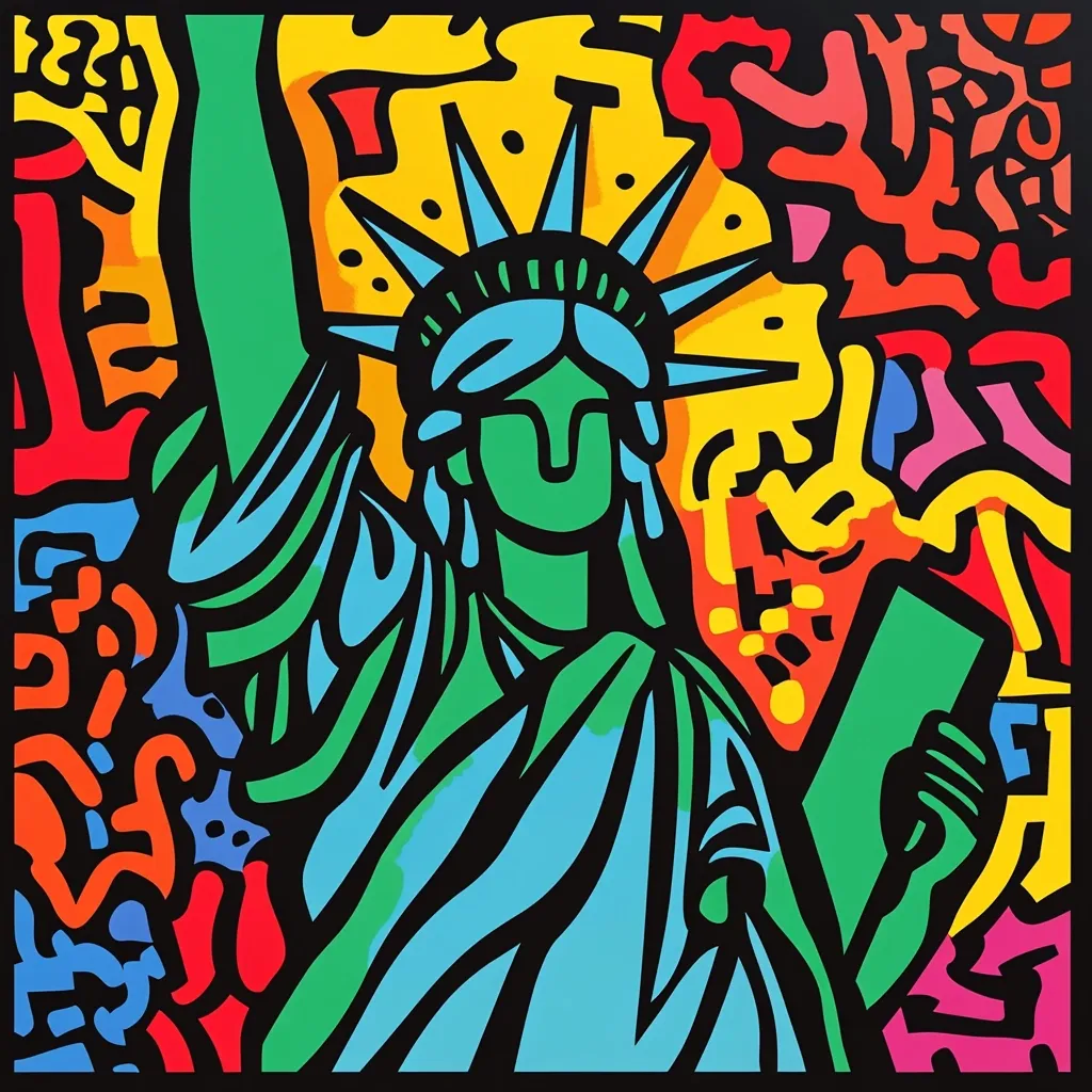 A vibrant, stylized depiction of the Statue of Liberty dominates the artwork.  Bold, black outlines define the iconic figure, rendered in a palette of bright blues, greens, and yellows.  The background is a chaotic explosion of multicolored, graffiti-like shapes and lines, creating a dynamic and energetic composition. The overall style is bold and graphic, reminiscent of pop art.