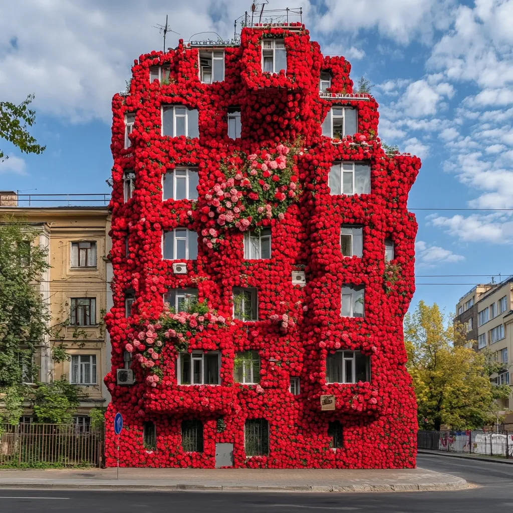 A multi-story building is completely covered in vibrant red flowers, creating a striking visual effect against the clear blue sky.  The flowers appear to be densely packed, blanketing the entire facade, including windows and balconies.  The building stands out sharply against neighboring structures and the street below.  The scene suggests a festive or artistic installation.