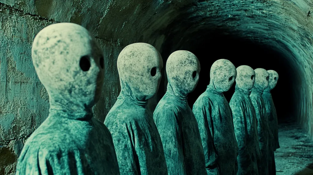 A line of unsettling figures, cloaked in teal, stand in a dark tunnel.  Their faces are obscured by rough, mask-like coverings with small, dark eyeholes.  The figures are eerily uniform, creating a sense of unease and mystery within the claustrophobic environment of the tunnel.  The overall color palette is muted, enhancing the ominous atmosphere.