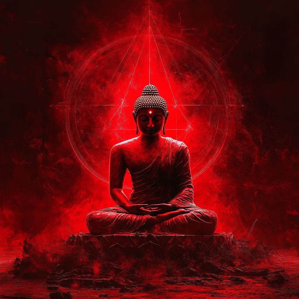 A digital artwork depicts a red Buddha statue in a meditative pose.  The statue is centrally positioned against a fiery red backdrop, subtly textured to resemble smoke or flames.  A geometric, circular design with a triangle within it glows faintly behind the Buddha, adding a mystical element. The overall mood is intense and dramatic, with the red hue dominating the entire image.