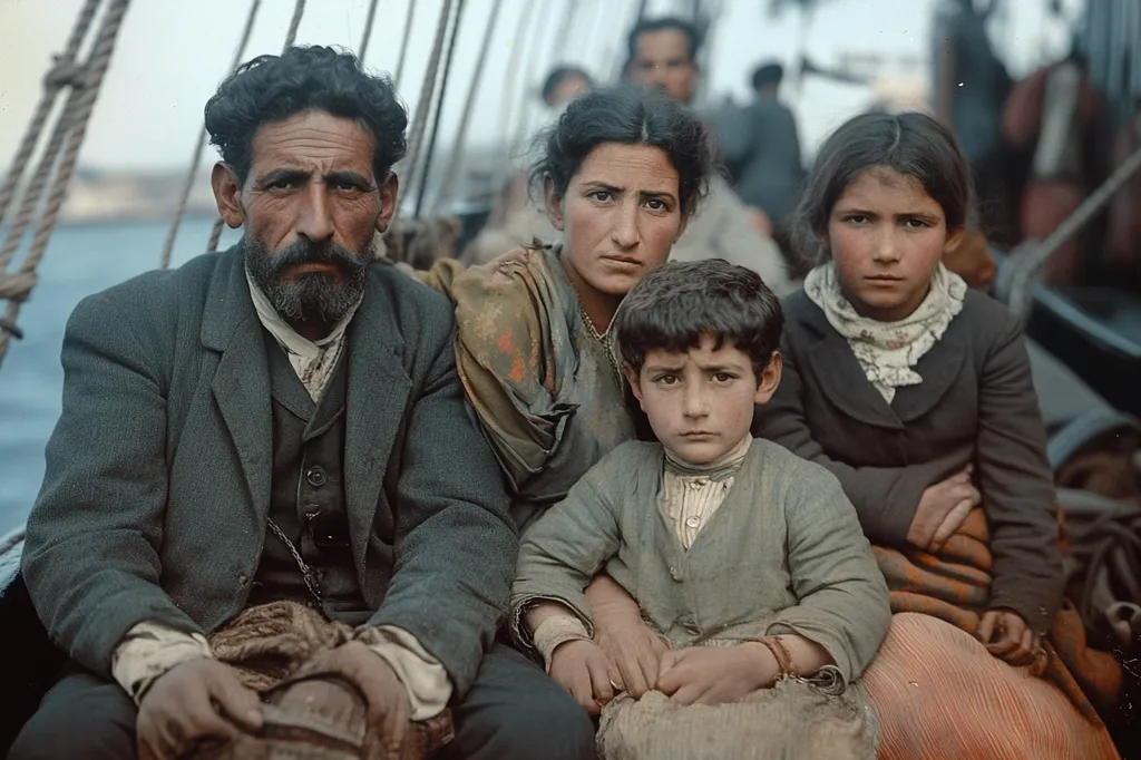 A colorized photo depicts a family aboard a ship, possibly immigrants. The father, with a dark beard and coat, sits centrally, his gaze intense.  Beside him, the mother and two children huddle, showcasing their worn clothing and serious expressions.  The background suggests a bustling port, hinting at their journey's beginning or end.  The image conveys a sense of hardship and uncertainty.