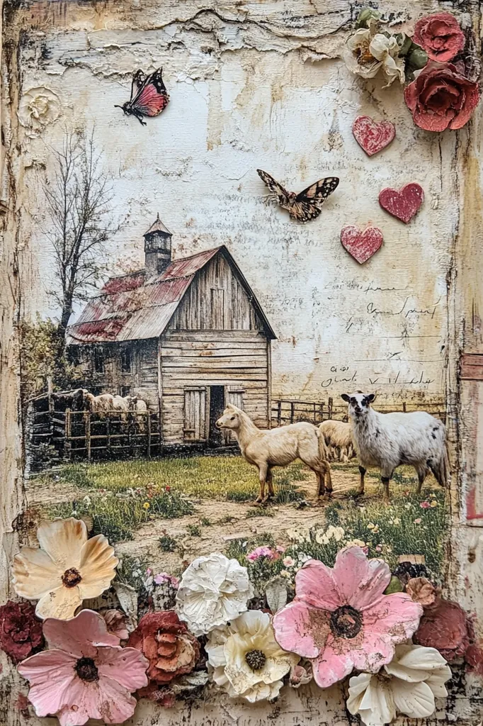 A mixed-media artwork depicts a rustic barn scene with sheep in a fenced pasture.  Butterflies and hearts adorn the distressed, textured background.  The foreground showcases a vibrant array of handcrafted flowers in soft pinks and creams, creating a charming, shabby-chic aesthetic. The overall impression is one of peaceful rural life.