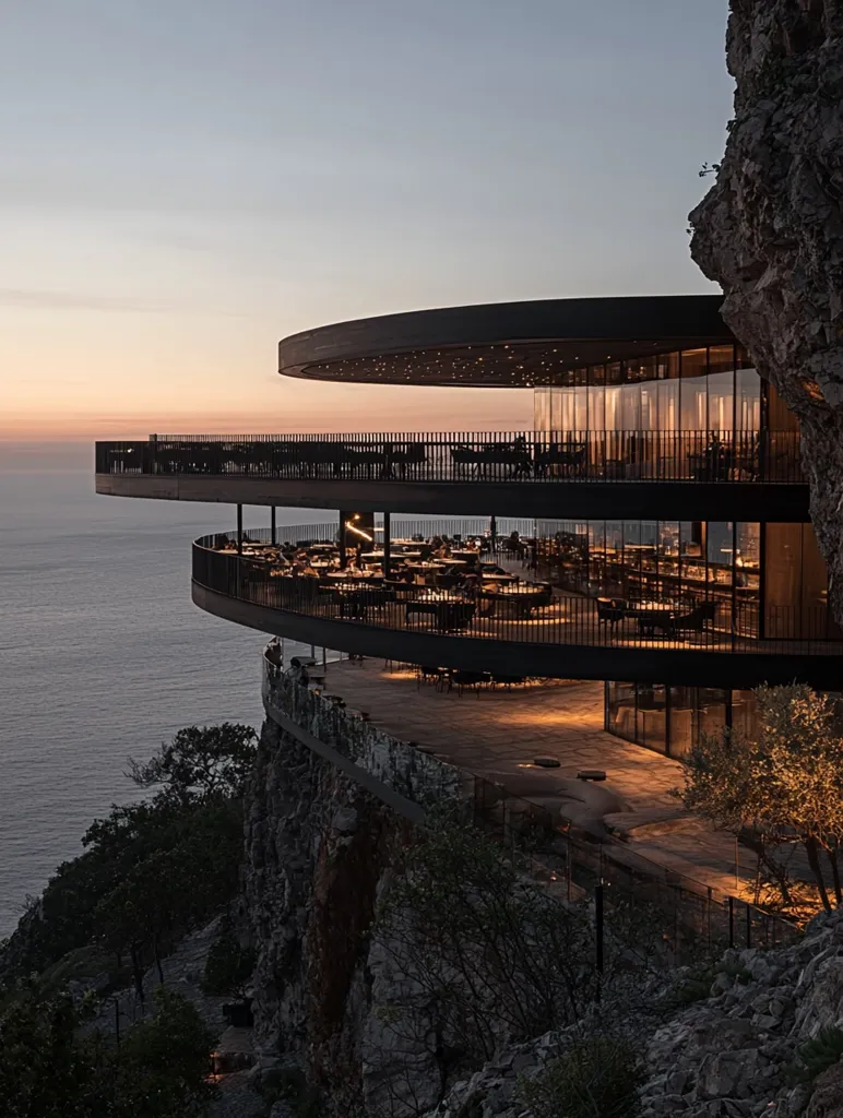 A modern, circular restaurant is perched dramatically on a cliff overlooking a calm sea at sunset.  Its sleek, dark design contrasts beautifully with the warm light of the setting sun and the natural textures of the cliff face.  The multiple levels offer expansive ocean views, creating a sophisticated and breathtaking dining experience.  The building's architecture seamlessly integrates with the rugged landscape.