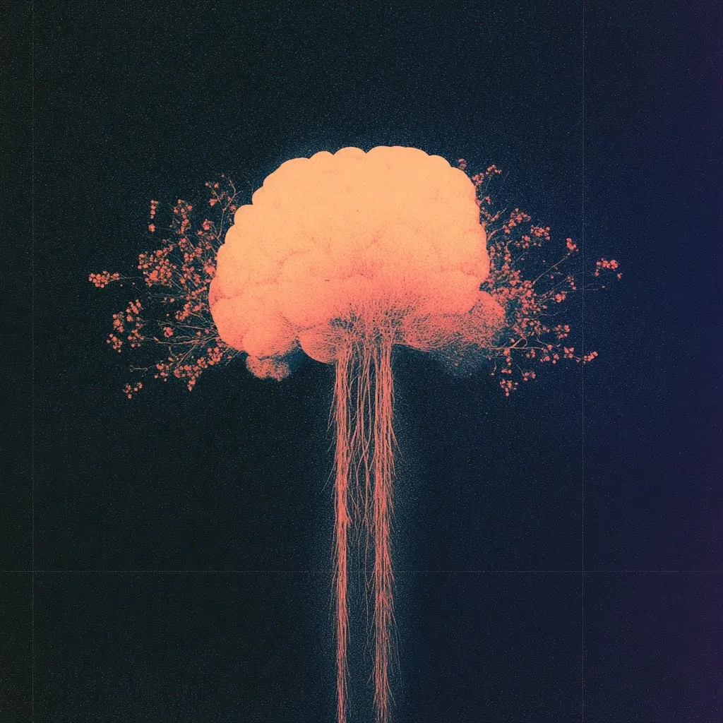 An abstract artwork depicts a brain-like form, rendered in muted orange hues, resembling a blossoming tree.  Delicate, branching structures extend from the central mass, suggesting roots or neural pathways, against a dark background. The style is surreal and evocative, blending organic and anatomical imagery. The overall effect is one of both fragility and strength.