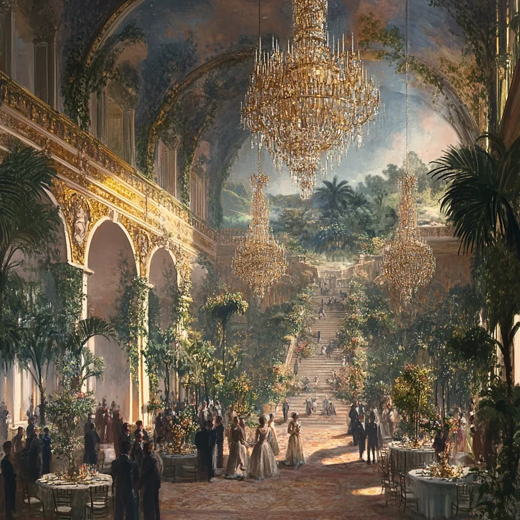 A grand ballroom, opulent with gold detailing and lush greenery, hosts a lavish party.  Large crystal chandeliers illuminate the scene.  Guests in period attire mingle around elegantly set tables. A sweeping staircase ascends towards a verdant landscape painted on the far wall, creating a stunning visual depth. The overall atmosphere is one of refined luxury and extravagance.