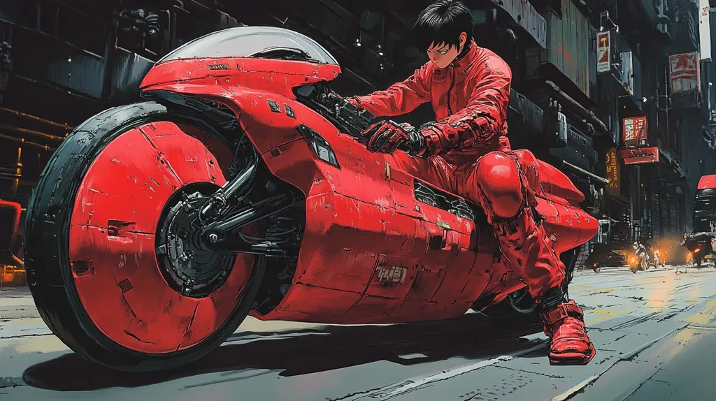 A striking illustration depicts a figure in a vibrant red jumpsuit astride a futuristic, crimson motorcycle. The bike's design is sleek and angular, with a large, distinctive front wheel. The setting appears to be a futuristic cityscape, with towering buildings and neon lights visible in the background. The overall style is reminiscent of cyberpunk anime, with a focus on bold colors and sharp lines.  The character's pose and the motorcycle's presence command attention within the detailed urban environment.