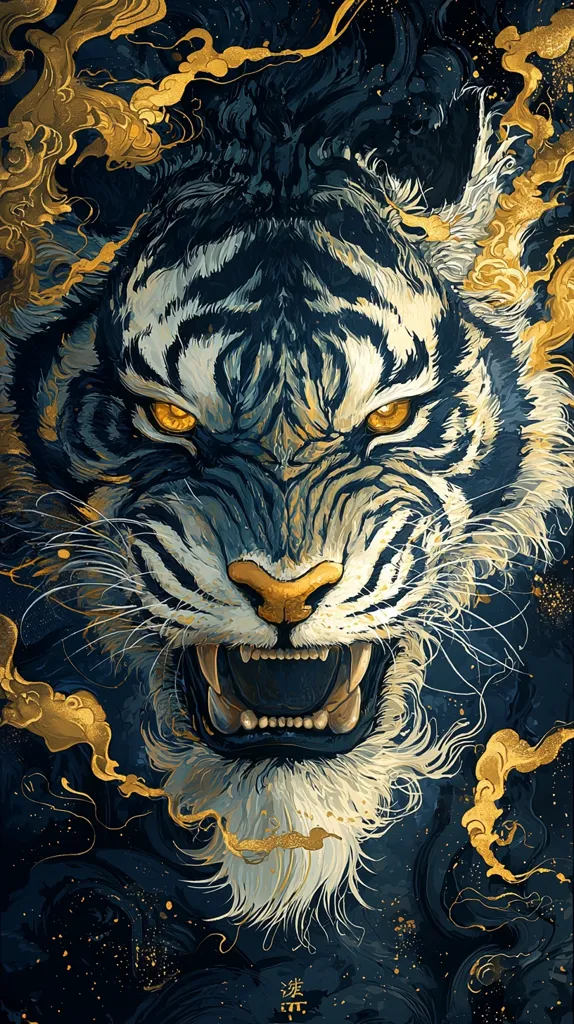 A detailed close-up illustration depicts a majestic tiger's head, its mouth open in a fierce roar.  The tiger's fur is rendered in shades of dark blue and white, contrasting with vibrant gold accents resembling swirling smoke or clouds. The tiger's eyes glow with an intense yellow, enhancing its powerful presence. The overall style is a blend of realism and artistic expression, creating a dramatic and visually striking image.