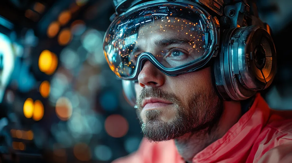 Close-up of a man wearing futuristic goggles and headphones.  The goggles reflect a blurred cityscape of bright lights. He has a beard and is wearing a red jacket.  The background is out of focus, suggesting a technological or industrial setting.  His expression is serious and contemplative. The image evokes a sense of advanced technology and possibly virtual or augmented reality.