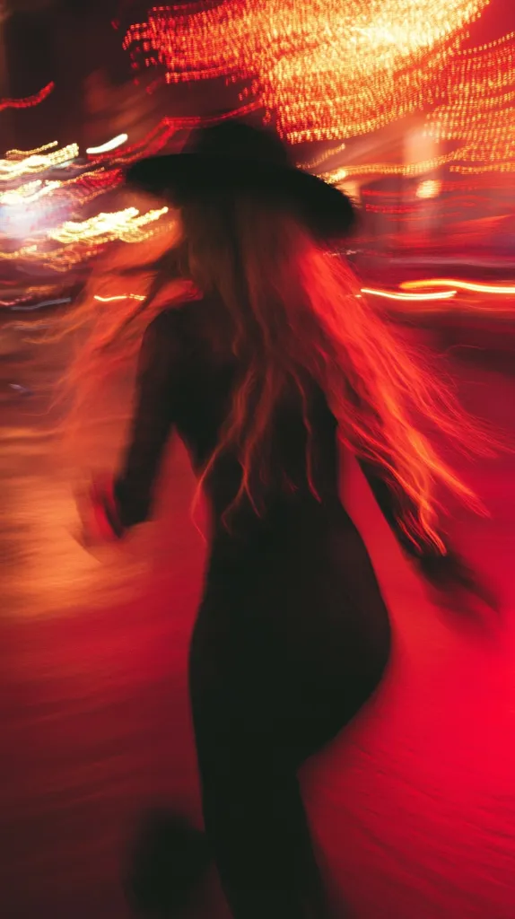 A long-haired woman, wearing a black hat and dress, walks through a vibrant, red-lit city street at night. The image is motion-blurred, emphasizing the movement and the energy of the urban scene.  The red light creates a dramatic and almost surreal atmosphere.  Her figure is silhouetted against the bright, streaked lights.