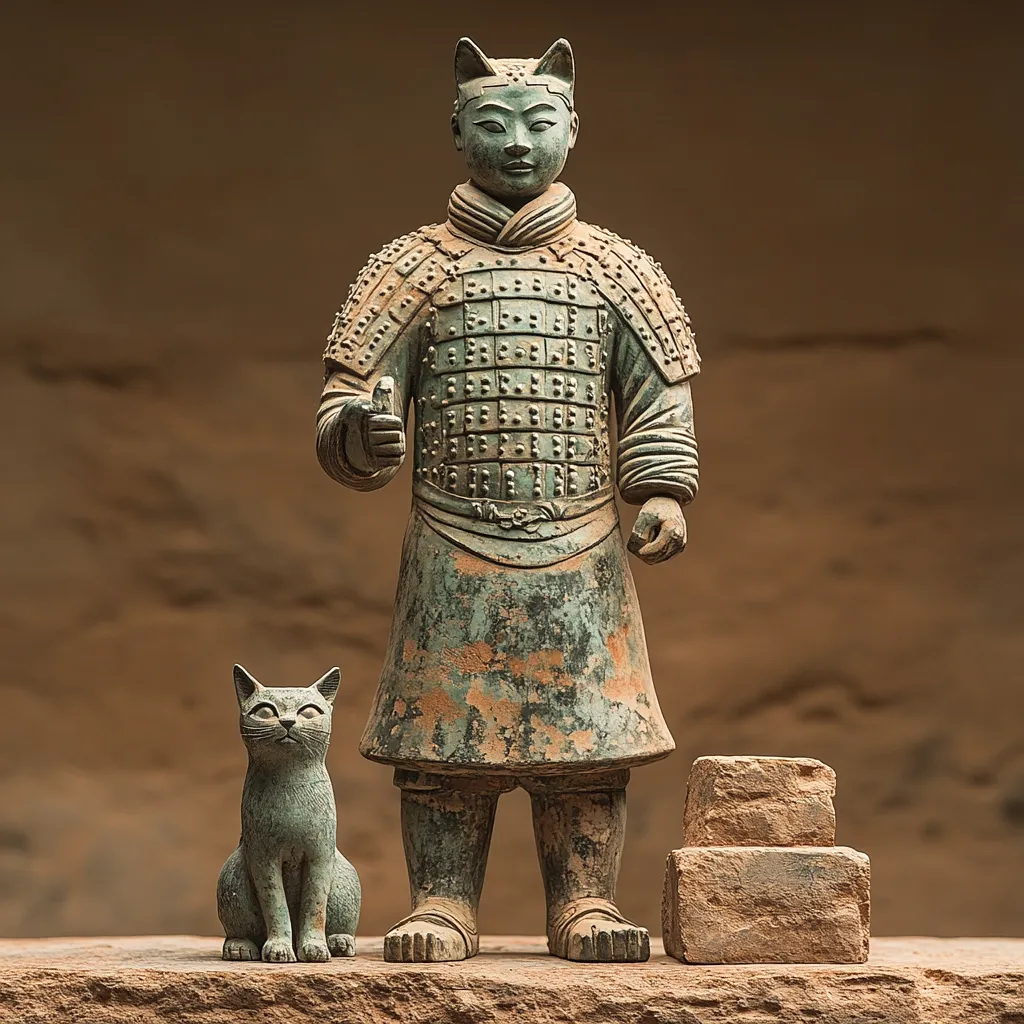 A weathered bronze statue of a Terracotta Army warrior stands proudly, its detailed armor and stoic expression evident.  Beside it sits a smaller bronze cat figurine, adding an unexpected element of contrast.  Two rough-hewn blocks of earth-toned stone form a simple base, enhancing the ancient feel of the scene. The overall composition evokes a sense of history and quiet contemplation.