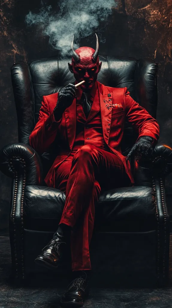 A devilish figure, adorned in a crimson suit and black gloves, sits majestically in a plush, black leather armchair.  He holds a cigarette, smoke curling around his head, his red skin and horns adding to the dramatic, darkly lit scene. The overall mood is one of sophisticated evil and powerful presence.