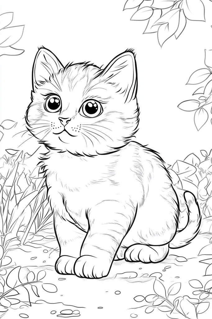 A cute kitten coloring page featuring a charming, large-eyed kitten sitting amidst foliage.  The kitten is depicted in a detailed line drawing style, showing its fluffy fur and endearing expression.  Surrounding greenery adds a natural, whimsical setting, ideal for young artists to color and personalize.  The image is simple yet detailed, perfect for a coloring book or activity sheet.