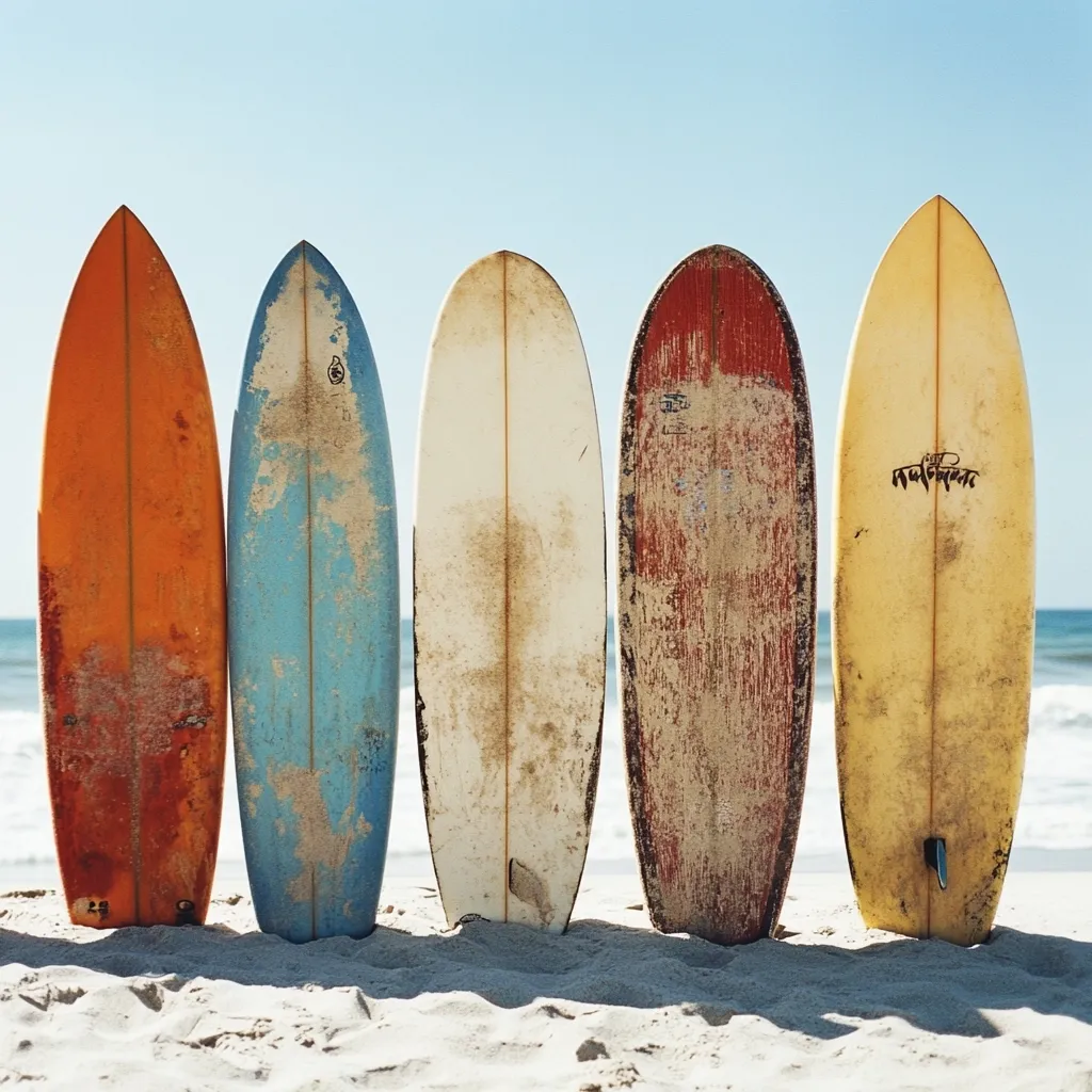 Five weathered surfboards stand upright in the sand on a sunny beach.  The boards are various colors – orange, light blue, off-white, reddish-brown, and yellow – and show signs of use and sun exposure. The ocean is visible in the background, a calm blue under a clear sky. The scene evokes a relaxed, beachy atmosphere.
