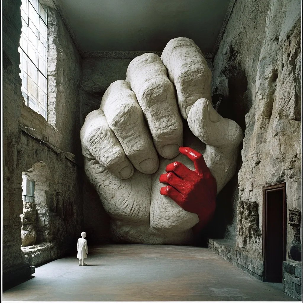 A colossal, light-grey stone hand dominates a dilapidated stone hall.  A smaller, vibrant red hand is grasped within its confines. A tiny, white-clad figure stands observing the imposing sculpture, creating a stark contrast in scale and color.  The scene evokes feelings of power, vulnerability, and the insignificance of humanity in the face of overwhelming forces. The setting's aged stone walls and large window add to the dramatic effect.