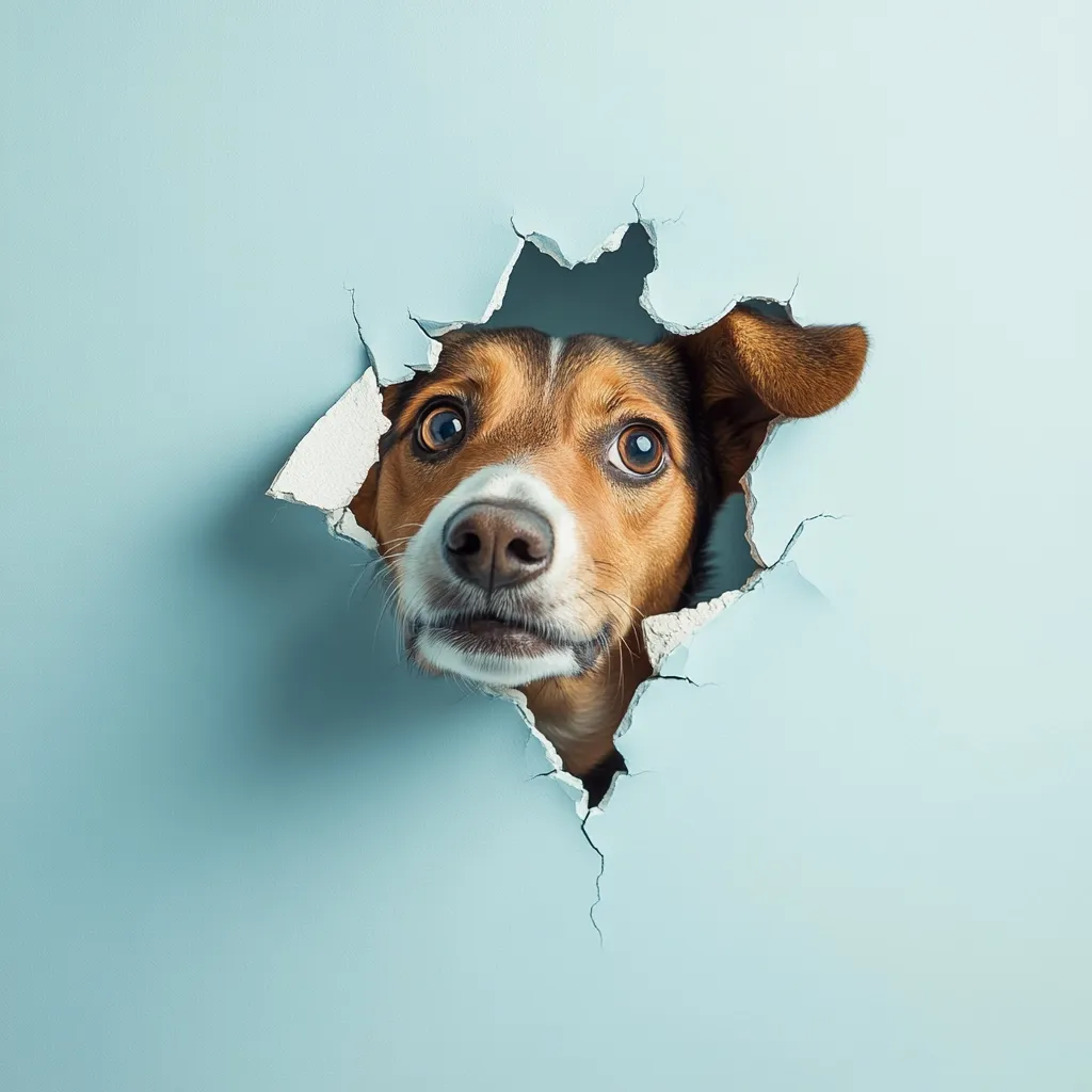 A curious beagle-mix puppy peers through a jagged hole in a light blue wall.  Its large, expressive eyes and slightly tilted head create a playful and inquisitive expression.  The irregular tear in the wall emphasizes the dog's unexpected appearance, creating a humorous and charming image.