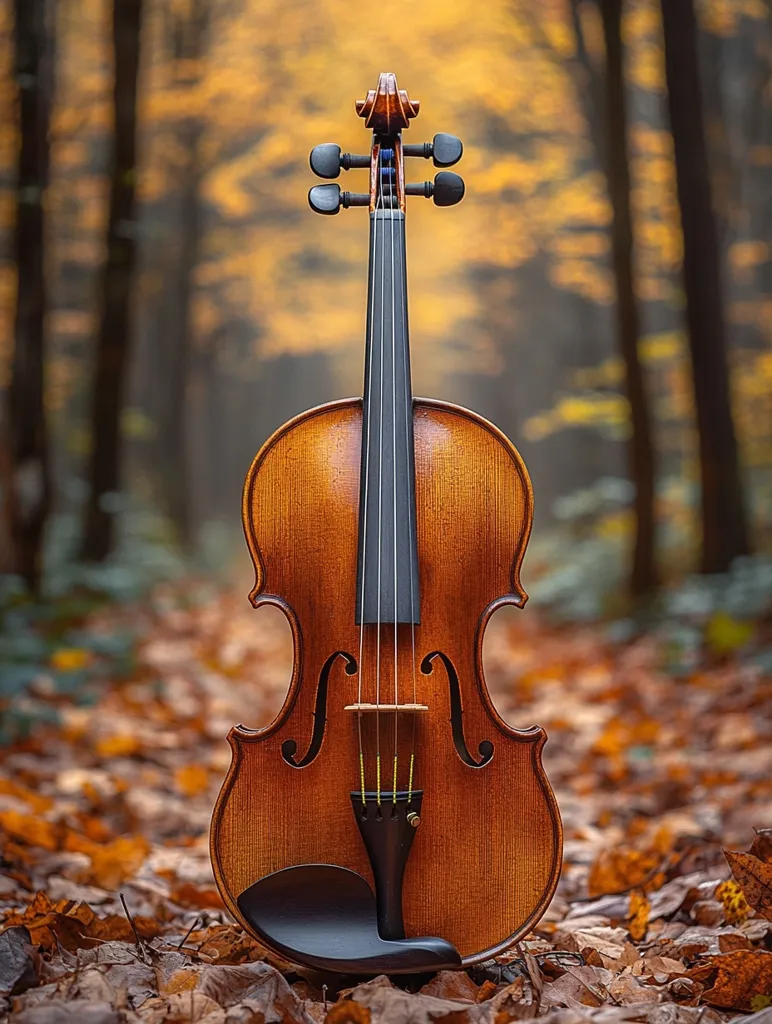 A violin rests on a bed of autumn leaves in a forest.  The warm, amber tones of the falling leaves contrast beautifully with the rich, polished wood of the instrument.  The blurred background of trees suggests a tranquil, serene setting.  The overall image evokes a feeling of peace and the beauty of nature.