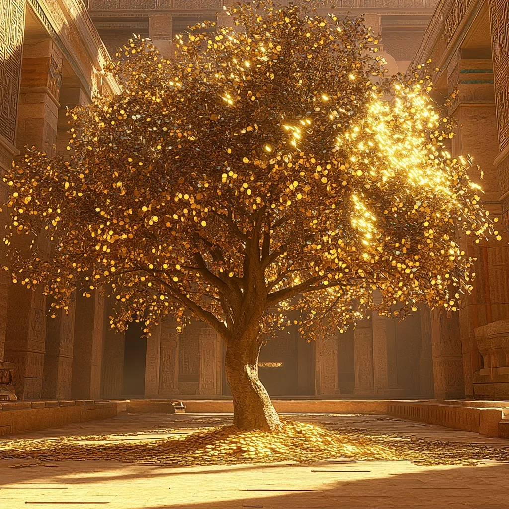 A majestic tree, its leaves shimmering gold coins, stands in the center of an ancient, sunlit temple.  The temple's sandstone walls and columns create a serene backdrop. Golden coins also carpet the ground around the tree's base, adding to the opulent scene.  Sunlight filters through the temple, illuminating the golden foliage, creating a magical, treasure-filled atmosphere.
