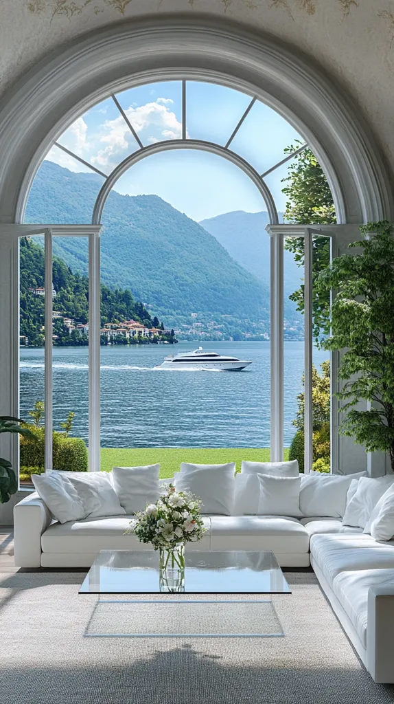 A luxurious living room features a large arched window offering a breathtaking view of a serene lake nestled amidst picturesque mountains. A yacht glides across the water, adding to the idyllic scene. A pristine white sectional sofa sits comfortably in front of the window, complemented by a glass coffee table holding a vase of fresh flowers. The overall ambiance is one of elegant tranquility and sophistication.