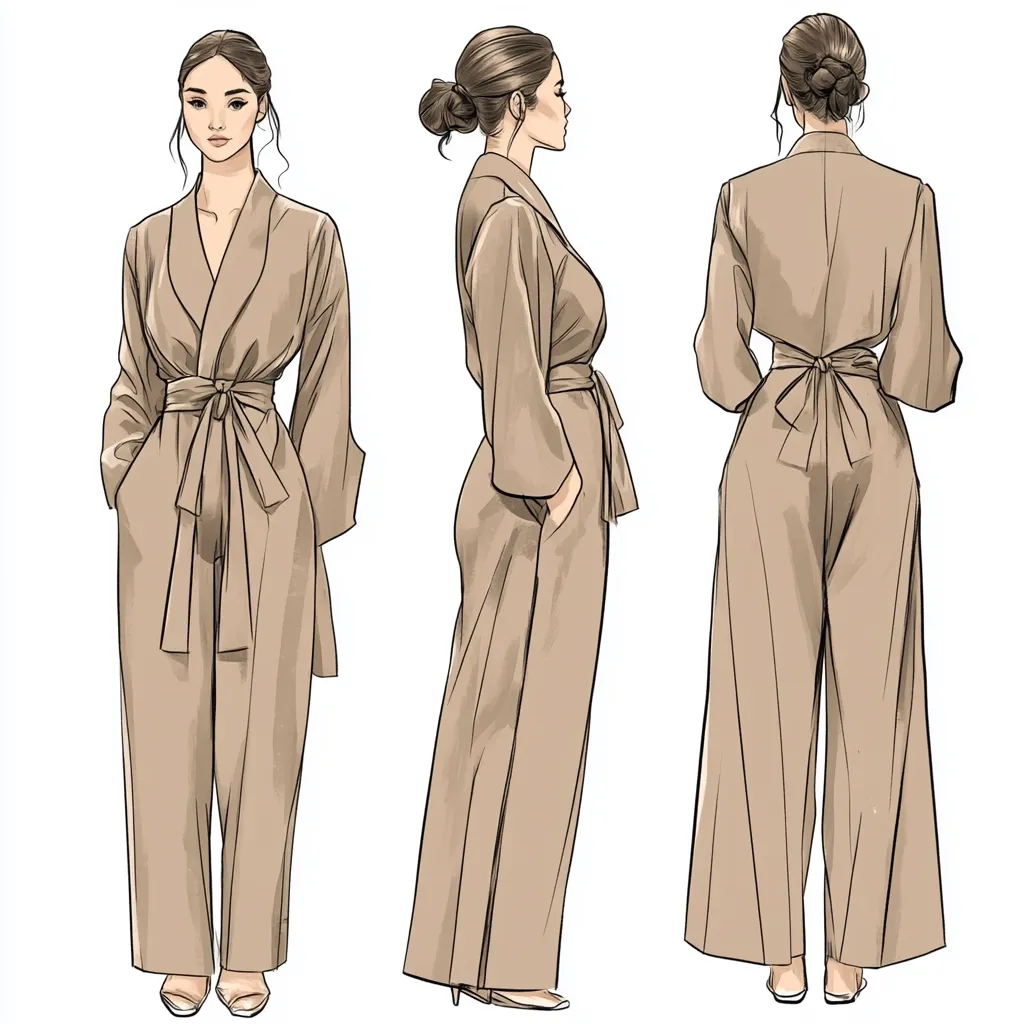 A fashion illustration showcases a light brown wide-leg jumpsuit from three perspectives: front, side, and back.  The jumpsuit features a wrap-style bodice with a long tie belt, long sleeves with slight bell cuffs, and wide-leg pants.  The model has elegant hairstyles, complementing the sophisticated design of the garment. The overall style is minimalist and chic.