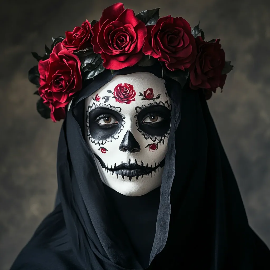 A woman's face is adorned with intricate Calavera Catrina makeup, a traditional Mexican Day of the Dead style.  Her face is painted white with black details, resembling a sugar skull. She wears a black hooded cloak and a crown of dark red roses, creating a dramatic and evocative image. The background is a muted, dark gray.