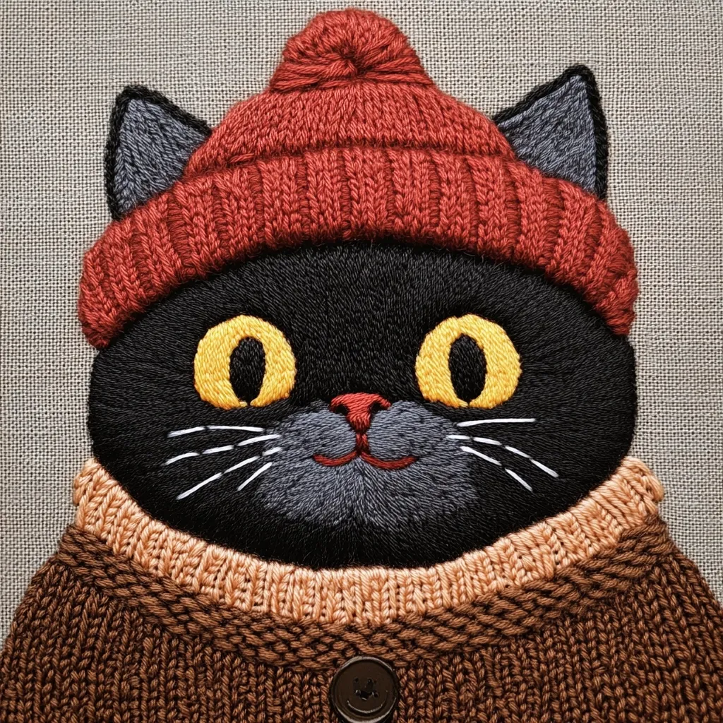 A close-up shot of an embroidered black cat wearing a red knitted hat and brown cardigan.  The cat's features are meticulously stitched, with bright yellow eyes and detailed whiskers. The textured stitches effectively mimic the appearance of knitted fabric, creating a cozy and charming winter scene. The background is a neutral-toned fabric.