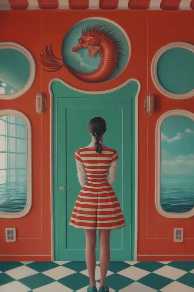 A woman in a red and white striped dress stands before a teal door in a surreal, coral-colored room.  Ocean scenes are depicted in oval windows on either side of the door. Above the door, a circular panel displays a stylized red seahorse. The checkered floor and overall color palette create a dreamlike atmosphere. The image evokes a sense of mystery and anticipation.