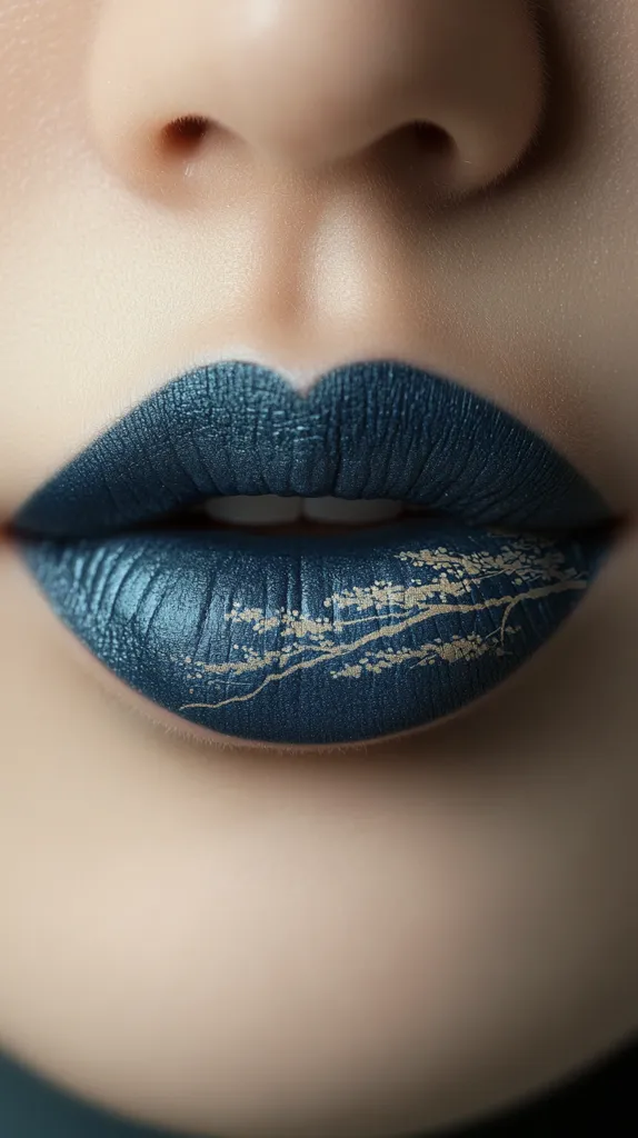 Close-up of a woman's lips wearing dark teal metallic lipstick.  A gold, branch-like design is delicately applied over the lower lip, creating a striking contrast against the deep lip color. The image focuses on the texture and detail of the makeup, highlighting the glossy finish and intricate artistry.  The overall effect is sophisticated and artistic.