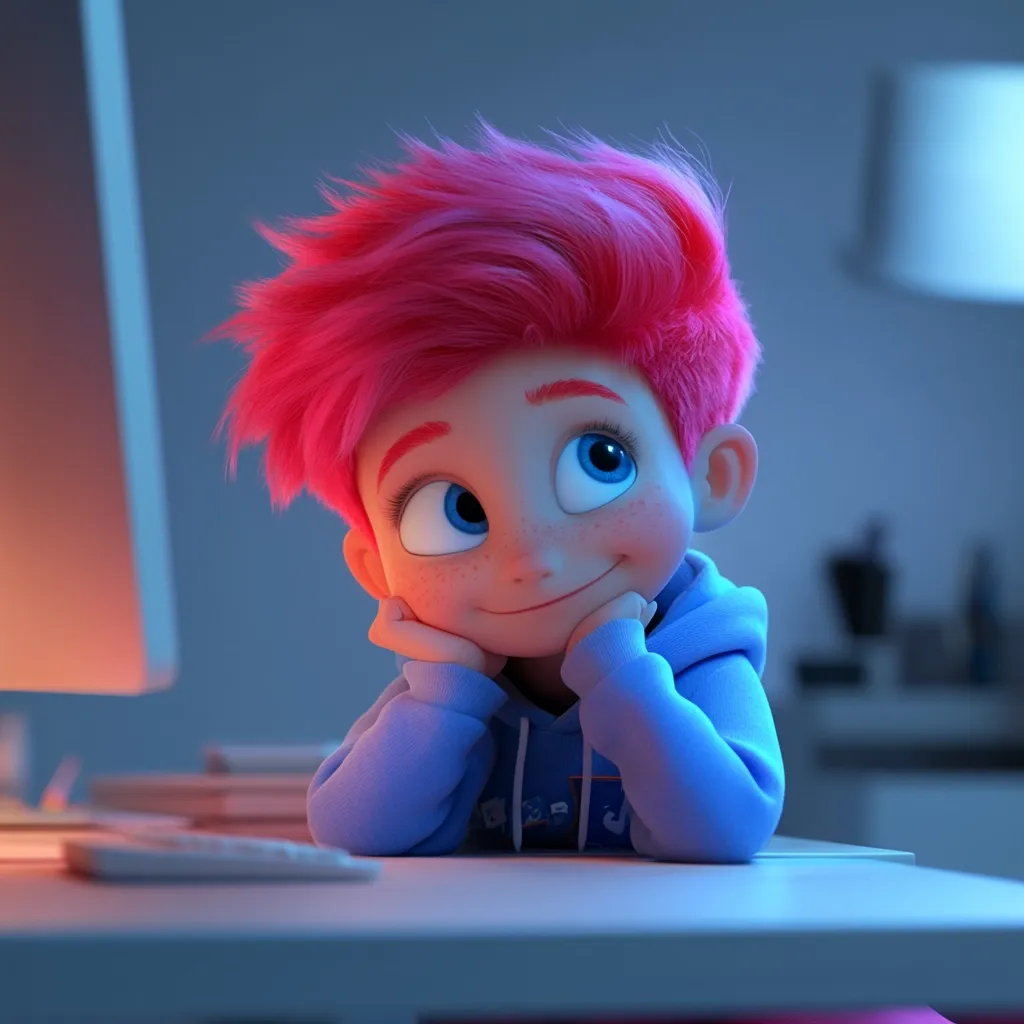 A 3D-rendered cartoon boy with bright pink hair sits at a desk, his chin resting on his hands.  He's wearing a light blue hoodie and has large, expressive blue eyes. The scene is softly lit, with a computer monitor visible in the background, creating a calm and whimsical atmosphere.  His expression is one of gentle contemplation or pleasant daydreaming.