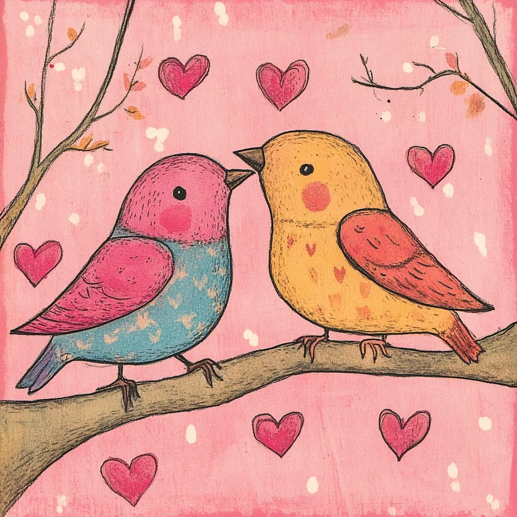 A charming illustration depicts two stylized birds perched on a branch, their beaks gently touching.  One bird is predominantly pink and teal, the other a sunny yellow and orange.  The pink background is adorned with small hearts and a delicate, blossoming branch, creating a romantic and whimsical Valentine's Day themed image. The birds' simple, expressive features convey affection.