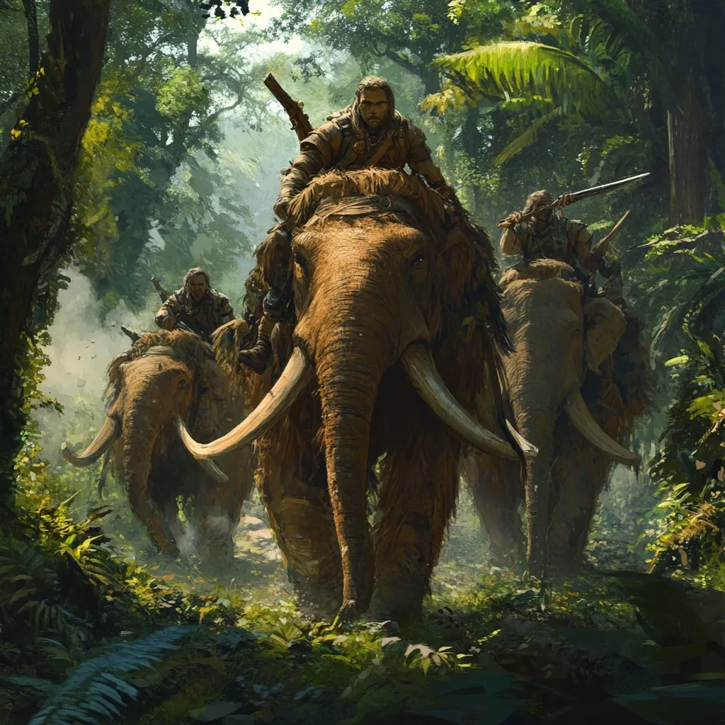 A majestic scene unfolds within a lush, verdant jungle. Three warriors, clad in rugged attire, ride atop massive woolly mammoths.  The lead mammoth, imposing and powerful, dominates the foreground. The riders, armed with spears and other weaponry, move purposefully through the dense foliage, creating a dramatic and adventurous composition.  Sunlight filters through the canopy, illuminating the path and highlighting the scale of the animals and the figures.