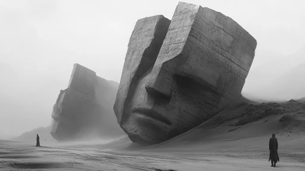 A desolate, monochrome landscape features two colossal, cube-shaped structures resembling weathered faces partially buried in sand.  Two lone figures are dwarfed by the immense structures, emphasizing their scale and the desolate environment.  A hazy fog hangs in the air, adding to the eerie and mysterious atmosphere. The overall impression is one of isolation and the weight of time.