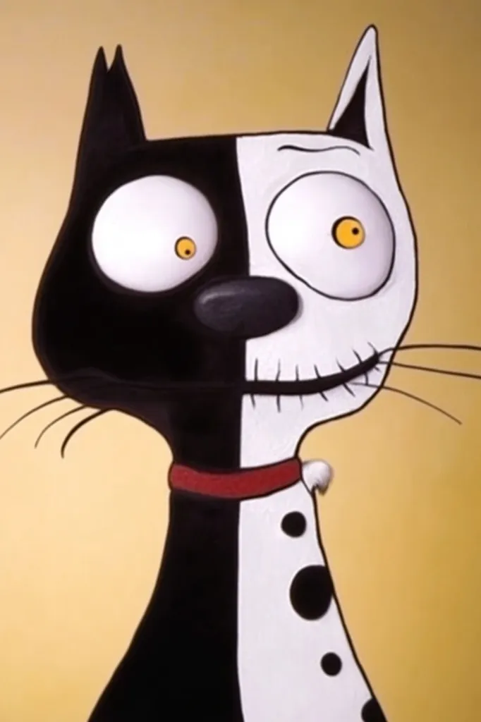 A whimsical cartoon cat, split down the middle into black and white halves, is depicted.  Its large, expressive eyes and slightly crooked smile convey a quirky personality. The black side has a smooth coat, while the white side features black spots, resembling a Dalmatian. It wears a red collar, adding to its charming, slightly mischievous appearance. The background is a muted yellow-orange.