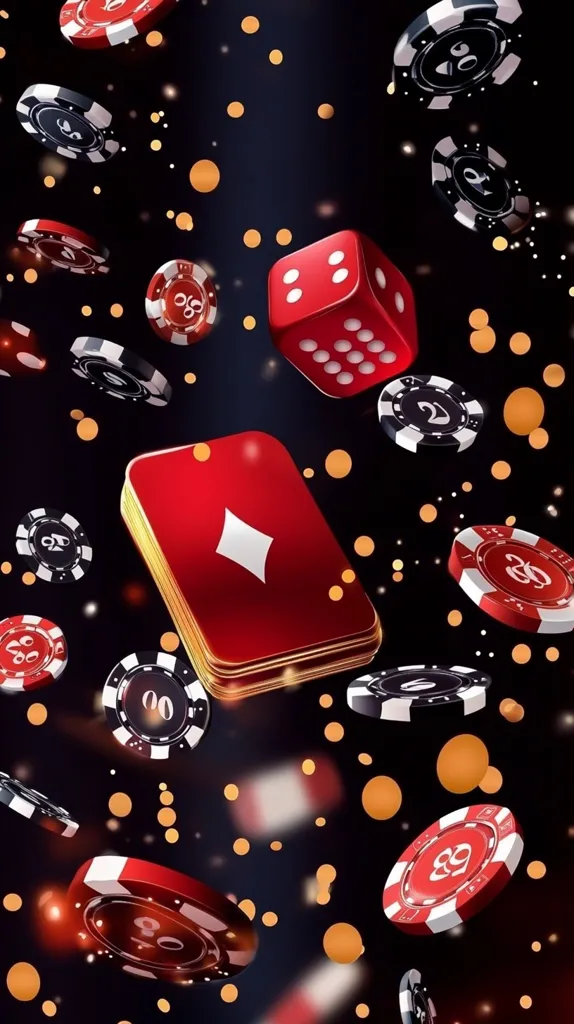 A dark background showcases a vibrant array of casino elements in mid-air.  Red and black poker chips, a red die showing a two, and a red playing card featuring a diamond symbol float amidst orange bokeh lights, creating a dynamic and exciting visual representation of gambling.  The overall impression is one of high stakes and thrilling action.