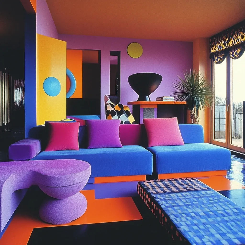 A vibrant living room showcases bold geometric shapes and colors.  A modular blue sofa with fuchsia and purple pillows dominates the space, complemented by a purple ottoman and a blue and orange checkered coffee table.  Bright orange flooring and walls painted in shades of purple and yellow create a dynamic, 80s-inspired aesthetic. A large black bowl sits on a console table, adding to the room's striking design.  A potted yucca plant adds a touch of nature.