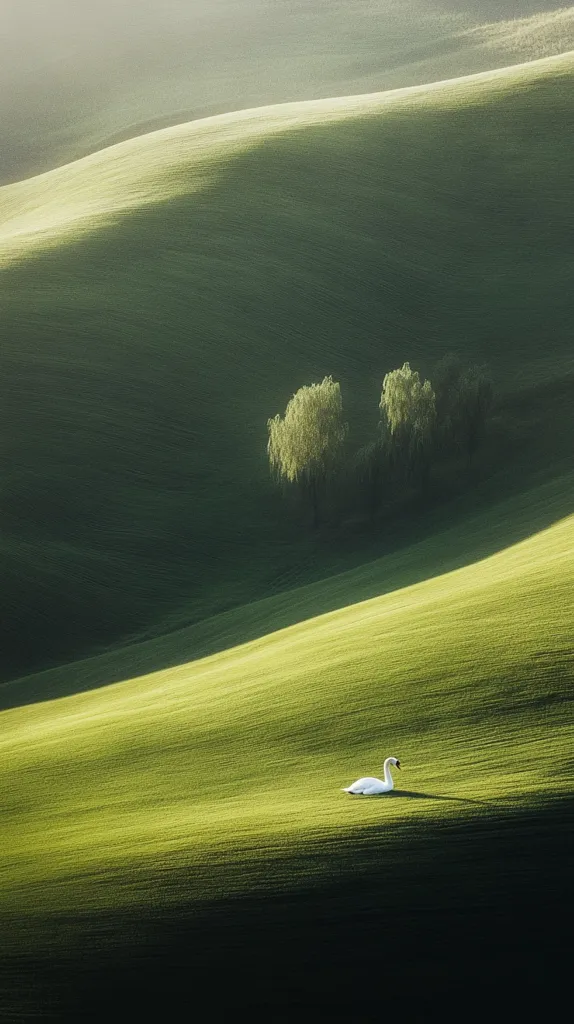 A lone white swan rests on a gently sloping, verdant hill.  The landscape is serene and expansive, characterized by rolling green hills under a soft, diffused light.  Two small trees stand silhouetted against the hillside in the mid-ground, adding depth to the peaceful scene. The overall mood is one of tranquility and solitude.