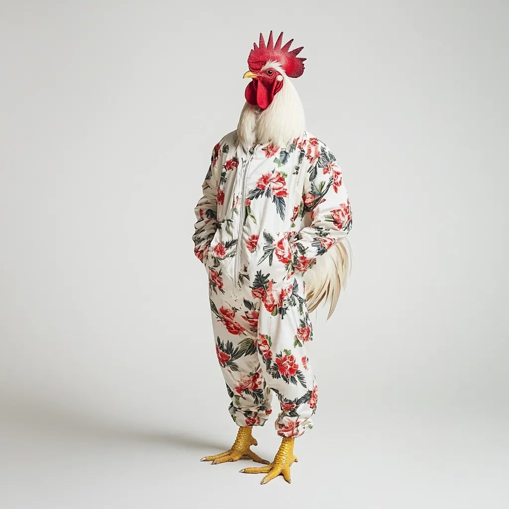 A rooster's head and body are seamlessly integrated onto a human-like figure wearing a white floral jumpsuit. The rooster stands with its hands in its pockets, its yellow feet clearly visible.  The image is set against a plain white backdrop, creating a stark contrast and emphasizing the unusual juxtaposition. The overall aesthetic is humorous and surreal.