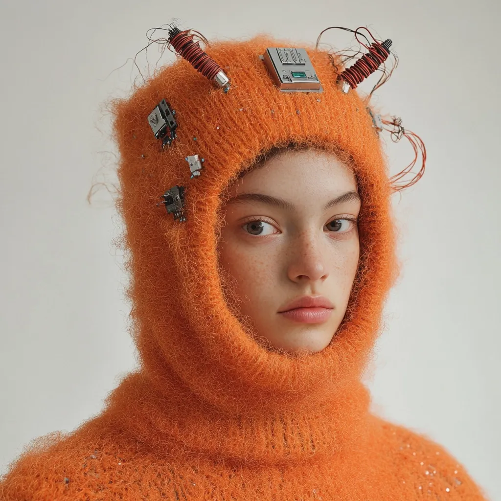 A young woman with fair skin and freckles wears a vibrant orange, fluffy hooded sweater.  The hood is adorned with small, metallic electronic components and wires, creating a futuristic, slightly dystopian aesthetic. Her expression is serious and neutral, contrasting the playful texture of her clothing. The overall image is striking and fashion-forward.