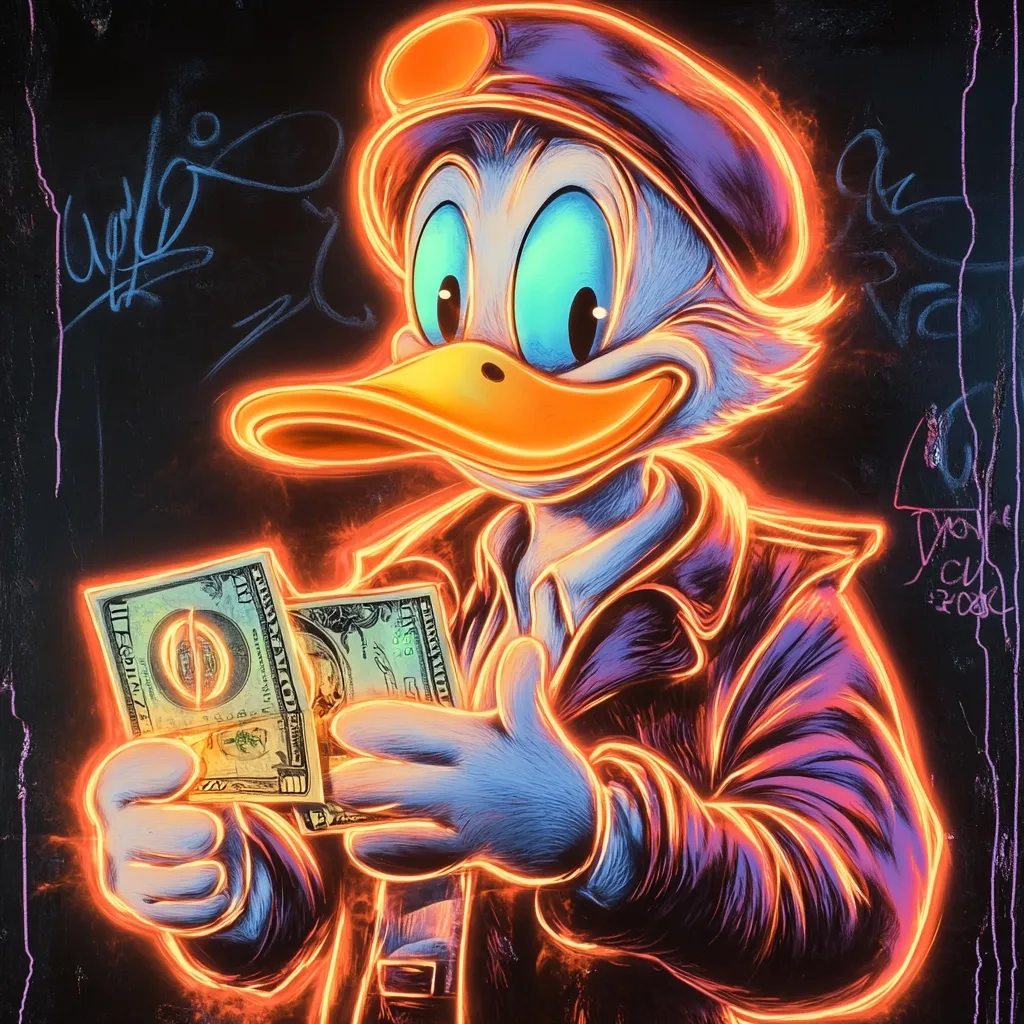 A vibrant neon-style artwork depicts Scrooge McDuck, the iconic Disney character, in a stylish jacket and cap.  He's depicted holding a wad of US dollar bills, his expression a blend of satisfaction and mischief. The fiery orange and purple hues create a striking contrast against a dark background, enhanced by graffiti-style markings in the corners.  The overall impression is one of wealth and playful rebellion.