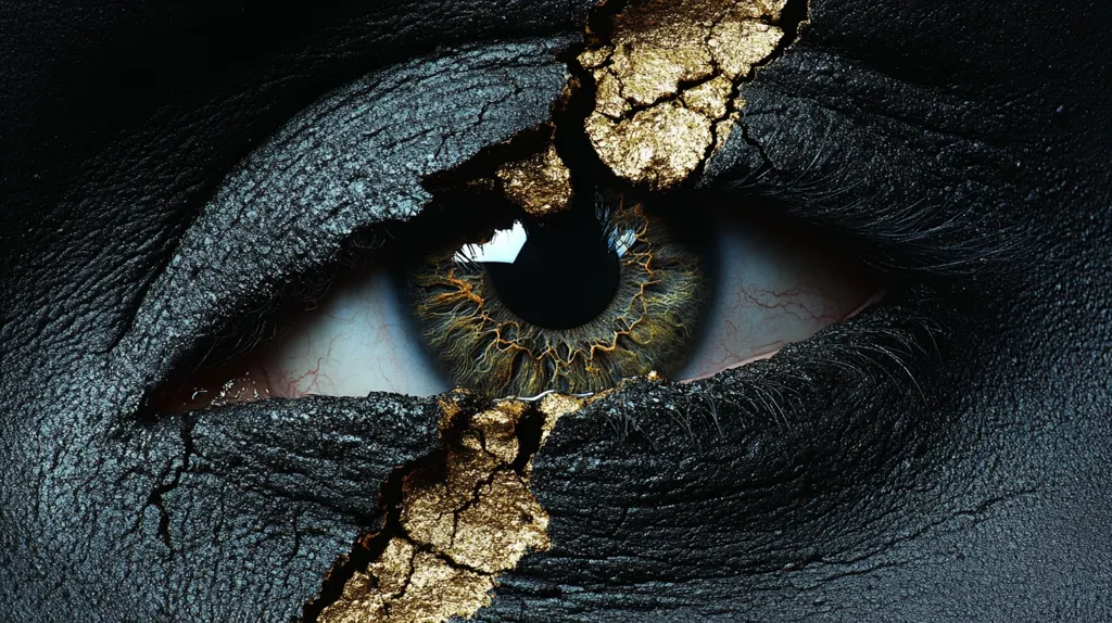 A close-up shot reveals a striking eye, partially obscured by a dark, textured substance resembling cracked earth.  Gold accents streak through the dark material, creating a dramatic contrast. The eye itself is a captivating mix of green and brown, adding to the overall mysterious and artistic effect.  The image is intensely detailed, showcasing the texture and intricacies of both the eye and the applied material.