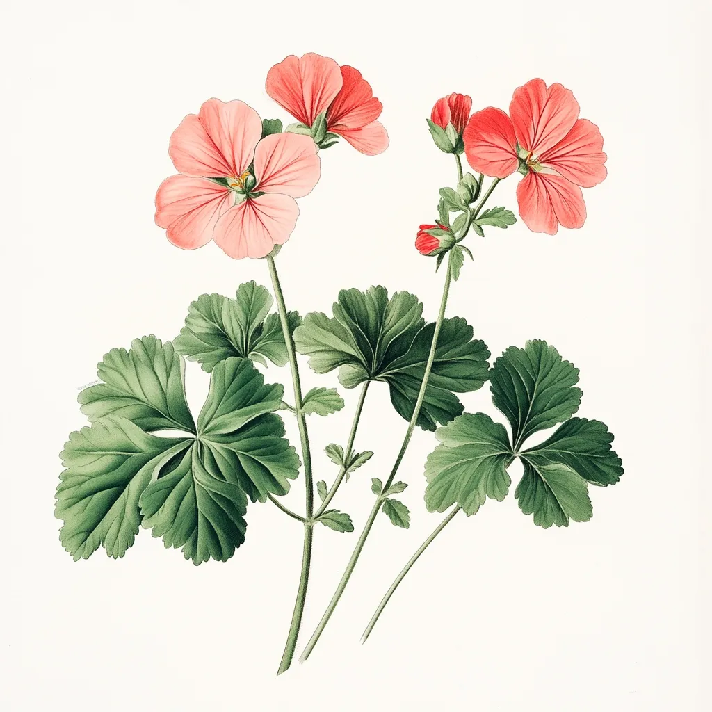 A botanical illustration showcases a delicate geranium plant.  Two prominent blossoms in light pink are complemented by smaller, vibrant red buds and flowers.  The plant's lush, green foliage displays intricate leaf patterns, contrasting beautifully against the white background. The overall style is precise and detailed, characteristic of classic botanical art.
