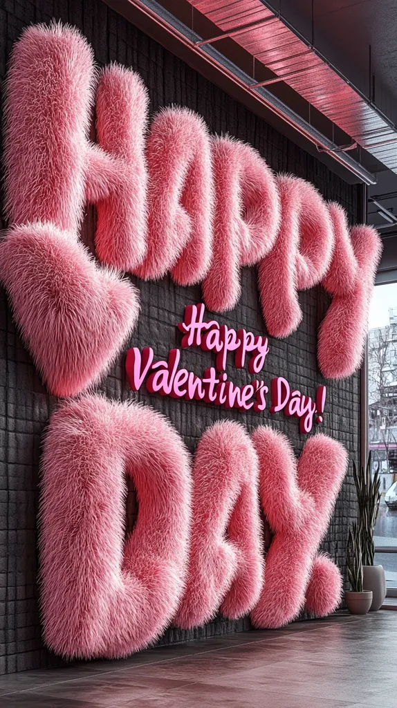 A fluffy, pink, three-dimensional "Happy Valentine's Day!" sign adorns a dark brick wall.  The letters are crafted from a textured, plush material resembling pink fur, creating a soft and whimsical Valentine's Day greeting. A smaller, neon pink "Happy Valentine's Day!" is visible beneath the larger, fuzzy letters. A small plant in a pot sits to the right of the sign.