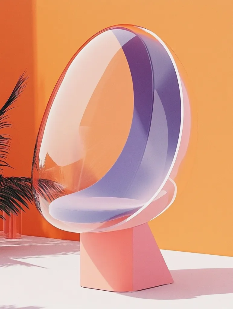 A modern, egg-shaped chair sits against a vibrant orange wall.  The chair is transparent with a purple cushioned seat and a coral-colored base. Its unique design blends futuristic aesthetics with a playful color palette. The scene is minimalist, highlighting the chair's form and color.  Sunlight casts gentle shadows, enhancing the overall feeling of modern sophistication.