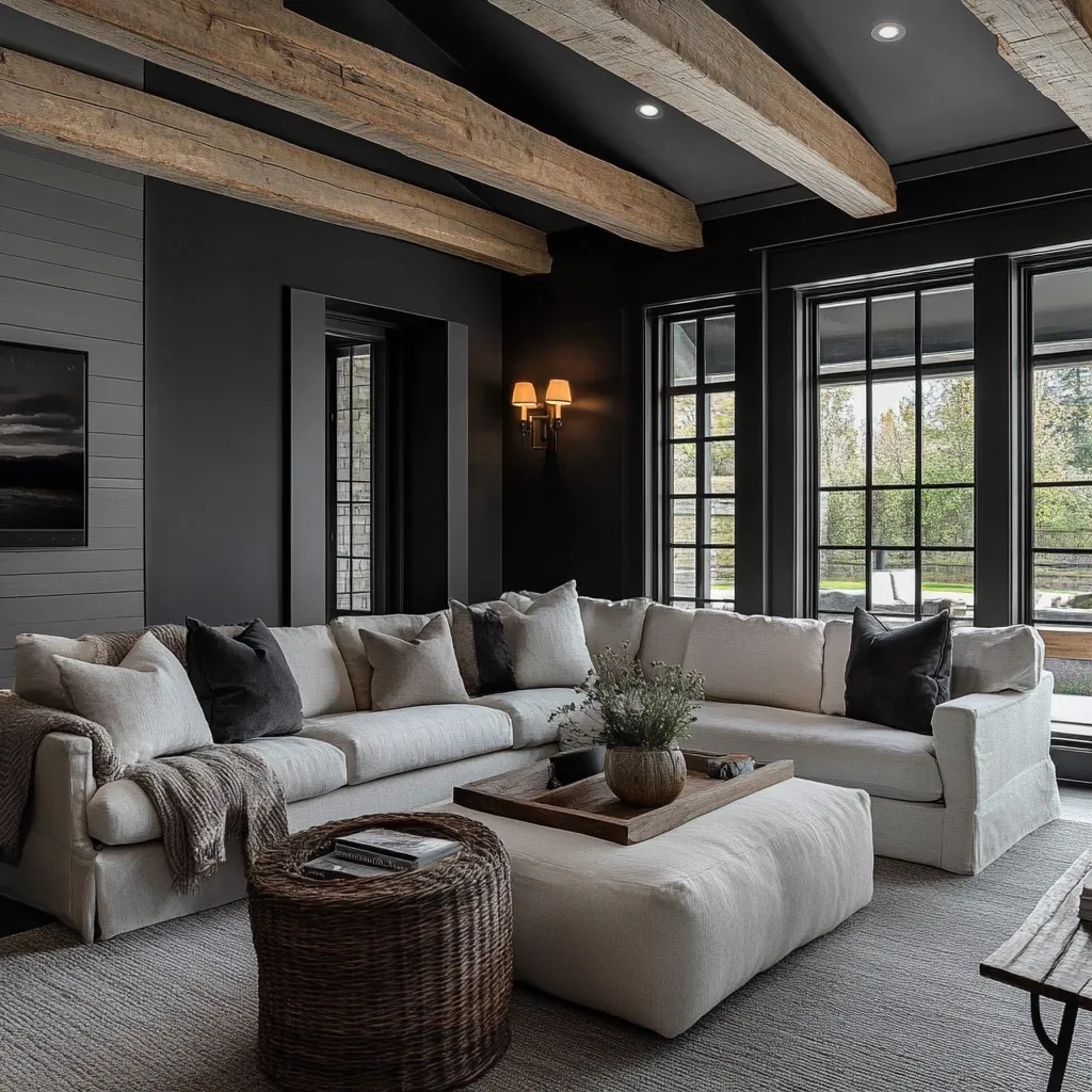 A spacious living room boasts a dramatic contrast of dark walls and exposed wooden beams against a light, L-shaped sectional sofa.  Large windows offer abundant natural light, while a woven coffee table and ottoman add textural warmth.  The room's design is sophisticated and comfortable, blending modern and rustic elements.  A neutral color palette emphasizes the architectural details.