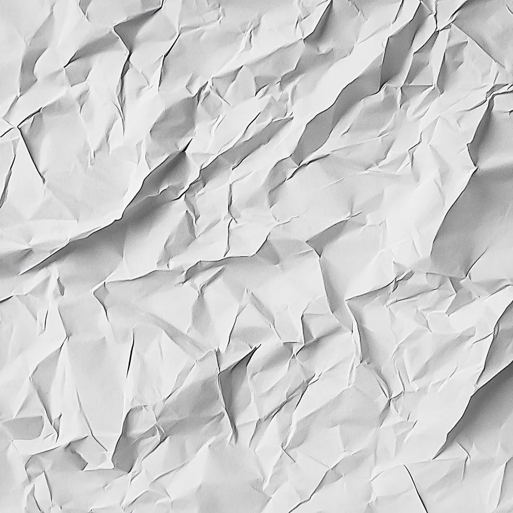 The image shows a close-up of heavily crumpled white paper.  The texture is highly irregular, with deep creases and folds creating a chaotic pattern of light and shadow.  The paper appears thin and lightweight, the wrinkles suggesting it has been manipulated and pressed. The overall grayscale palette provides a stark, textured background.