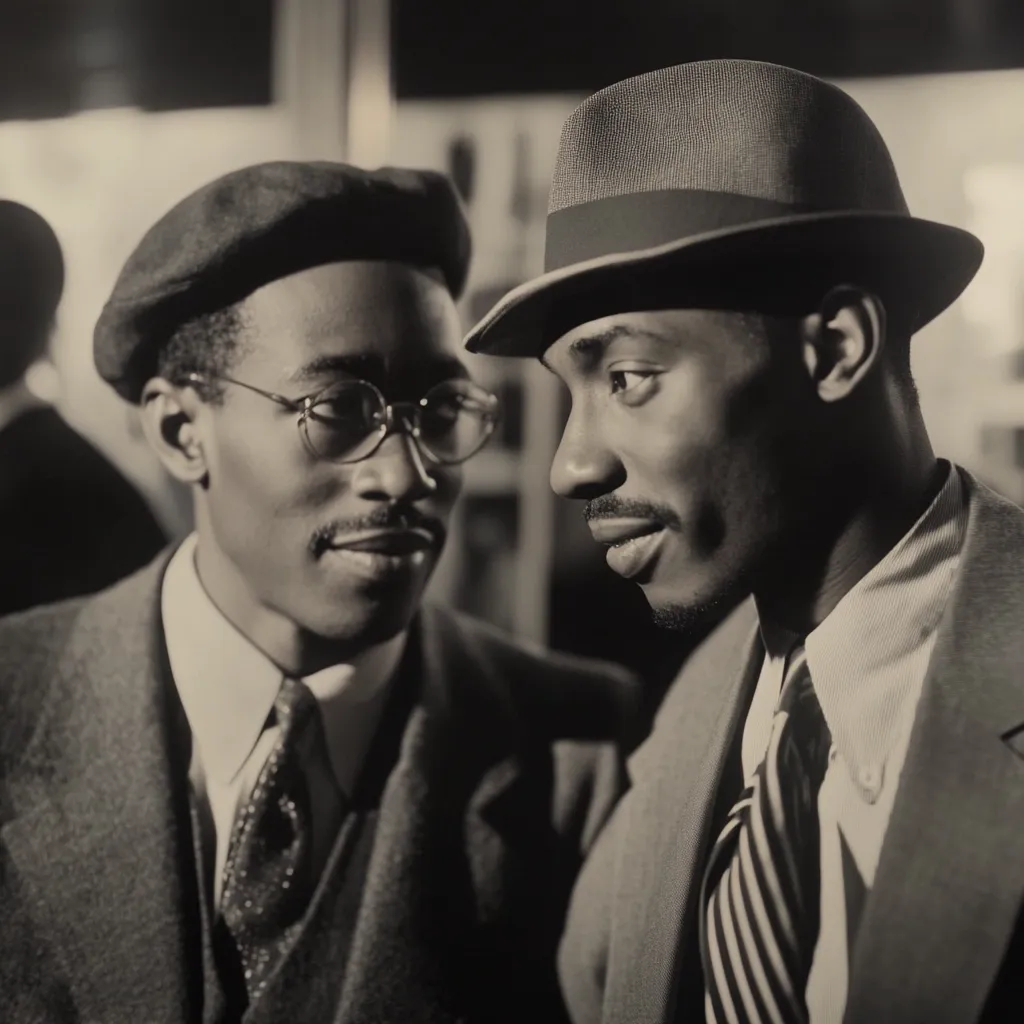 A black and white close-up shot depicts two stylishly dressed Black men in conversation.  The man on the left wears a beret and glasses, while the man on the right sports a fedora. Both are sharply dressed in suits and ties, exuding a sophisticated air.  The image's focus is on their faces and the intimate interaction between them, suggesting a shared moment or confidential discussion. The background is blurred, drawing attention to the two men in the foreground.